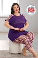 Mor Desenli Büyük Beden Kısa Kol Viskon Kapri Pijama Takımı Lady 10671 Mor detay görünüm