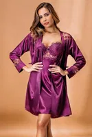 Mor Kaplı Saten Kimono Takım Nurteks 5384 Mor
