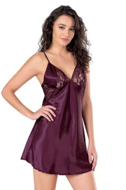 Ahu Lingerie Mürdüm Kısa Saten Gecelik Ahu Primoda 8144