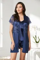 Önden Bağlamalı Saten Dantelli 3Lü Şort Sabahlık Takım Pierre Cardin 2480 Lacivert görsel 30