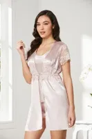 Önden Bağlamalı Saten Dantelli 3Lü Şort Sabahlık Takım Pierre Cardin 2480 Pudra görsel 8