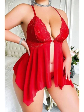 NightLight Önden Dekolteli Kırmızı Büyük Beden Fantazi Gecelik NightLight 3669