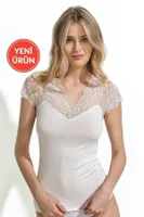 Önü Dantel Detaylı V Yaka Kadın Pamuklu Modal Esnek Yumuşak Atlet Özkan 26947  Ekru görsel 5