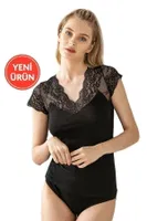 Önü Dantel Detaylı V Yaka Kadın Pamuklu Modal Esnek Yumuşak Atlet Özkan 26947  Siyah