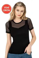 Premium Ring Viskon Bisiklet Yaka Tül Detaylı Kisa Kollu Örme T-Shirt Özkan 26981 Siyah