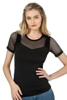 Premium Ring Viskon Bisiklet Yaka Tül Detaylı Kisa Kollu Örme T-Shirt Özkan 26981 Siyah farklı açı