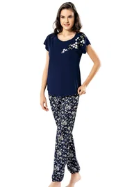 Ahu Lingerie Papatya Desenli Lacivert İkili Penye Pijama Takımı Loriva Ahu 1753