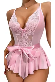 Ruselin Pembe Dantelli Saten Kuşaklı Fantezi Gecelik Ruselin 2118