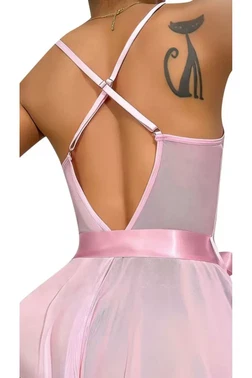 Ruselin Pembe Dantelli Saten Kuşaklı Fantezi Gecelik Ruselin 2118 - Alternatif Görünüm