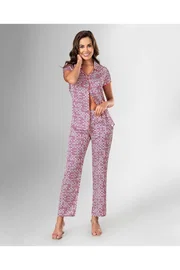 Ahu Lingerie Pembe Desenli Kısa Kollu Yakalı Pijama Takımı Ahu Loriva 1815