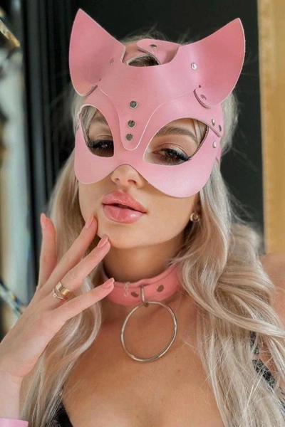 Pembe Fantezi Maske Boyunluk Harness Set missisX 6053