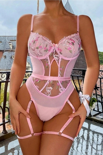 Pembe Transparan Çiçek Desenli Fantezi Babydoll For Dreams 8413