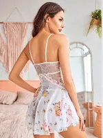 Pembe Tül Dantelli Çiçekli Fantezi Kadın Gecelik Pink Night 3725 Pembe detay görünüm