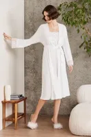 Penye Dantelli Kare Yaka Gecelik Sabahlık Takım Pierre Cardin 4005  Ekru görsel 10