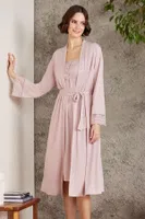 Penye Dantelli Kare Yaka Gecelik Sabahlık Takım Pierre Cardin 4005  Pudra
