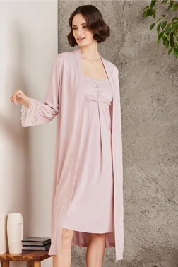 Pierre Cardin Penye Dantelli Kare Yaka Gecelik Sabahlık Takım Pierre Cardin 4005  - Alternatif Görünüm