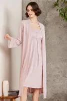Penye Dantelli Kare Yaka Gecelik Sabahlık Takım Pierre Cardin 4005  Pudra detay görünüm