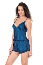 Ahu Lingerie Petrol Mavi Saten Babydoll Şort Takımı Ahu Primoda 9111