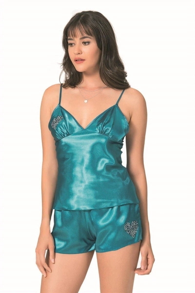 Petrol Saten Babydoll Şort Takımı Ahu Primoda 9063