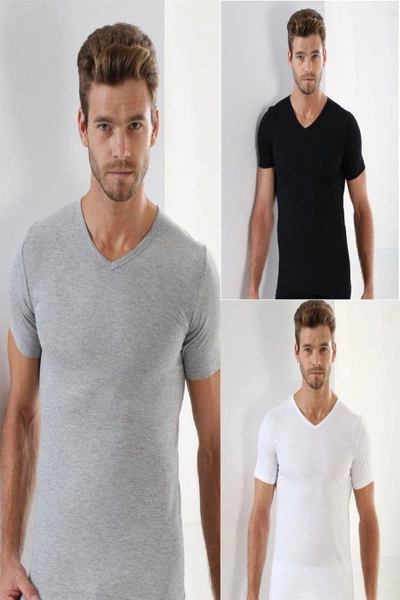 Premium Erkek Siyah Beyaz Gri V Yaka T-shirt Arma Yıldız 1003 - 3 ADET