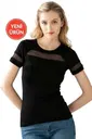 Premium Kumaş Ring Viskon Bisiklet Yaka Tül Detaylı Kısa Kollu Örme Kadın T-Shirt Özkan 26983 