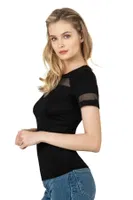 Premium Kumaş Ring Viskon Bisiklet Yaka Tül Detaylı Kısa Kollu Örme Kadın T-Shirt Özkan 26983  Siyah farklı açı