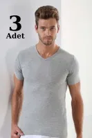 Premium %100 Pamuk Erkek Gri V Yaka T-shirt Arma Yıldız 1003 - 3 ADET Gri