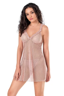 Ahu Lingerie Puantiyeli Pudra Kısa Tül Gecelik Ahu Primoda 4148