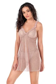 Ahu Lingerie Puantiyeli Pudra Kısa Tül Gecelik Ahu Primoda 4148