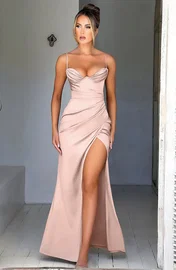 Pink Night Pudra Dekolteli Parlak Seksi Uzun Kadın Elbise Pink Night 5550