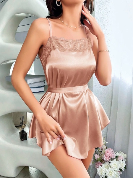 Pudra Kuşaklı Saten Gecelik Pink Night 3867