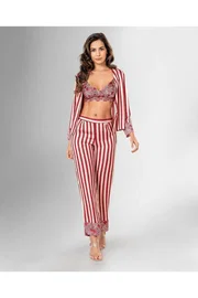 Ahu Lingerie Sabahlık Sütyen Pijama Takımı Kırmızı Çizgili Ahu Loriva 1844