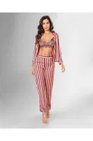 Sabahlık Sütyen Pijama Takımı Kırmızı Çizgili Ahu Loriva 1844 Kırmızı