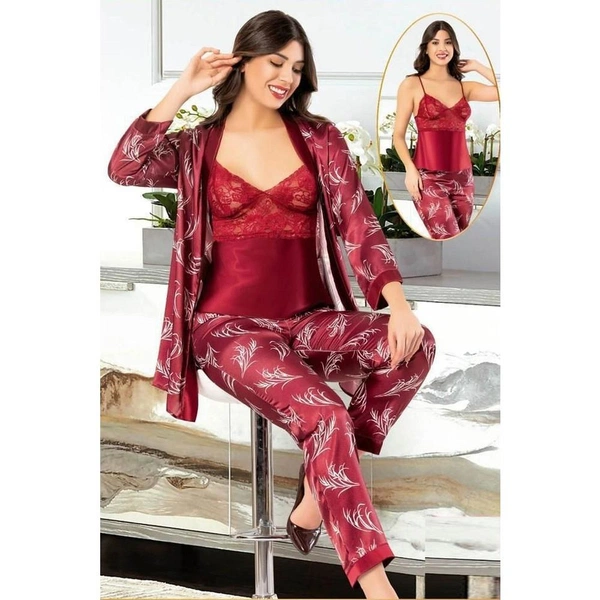 Sabahlıklı Dantelli Saten Empirme Pijama Çeyiz Seti XSES 2150