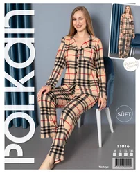 Polkan Sarı Çizgili Önden Düğmeli Uzun Kollu Süet Pijama Takım Polkan 11016