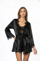 Kuşaklı Saten Dantelli 3Lü Sabahlık Şort Takım Pierre Cardin 2490 Siyah görsel 4