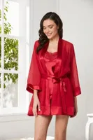 Saten Dantelli 3Lü Şort Şifon Dantelli Sabahlık Takımı Pierre Cardin 2475  Kırmızı görsel 25