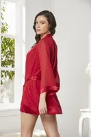 Saten Dantelli 3Lü Şort Şifon Dantelli Sabahlık Takımı Pierre Cardin 2475  Kırmızı görsel 27