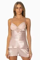 Saten Dantelli Kısa Şort Babydoll Takım Pierre Cardin 425  Pudra