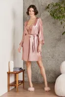 Saten Gecelik Sabahlık Pijama Takım Şort Takım 6'lı Gelin Çeyiz Seti Pierre Cardin 6000 Somon