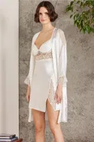 Saten Gecelik Sabahlık Pijama Takım Şort Takım 6'lı Gelin Çeyiz Seti Pierre Cardin 6000 Ekru görsel 9