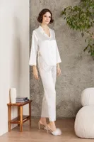 Saten Gecelik Sabahlık Pijama Takım Şort Takım 6'lı Gelin Çeyiz Seti Pierre Cardin 6000 Ekru görsel 14