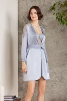 Saten Gecelik Sabahlık Pijama Takım Şort Takım 6'lı Gelin Çeyiz Seti Pierre Cardin 6005 Mavi görsel 21