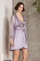 Saten Gecelik Sabahlık Pijama Takım Şort Takım 6'lı Gelin Çeyiz Seti Pierre Cardin 6005 Lila detay görünüm