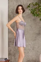 Saten Gecelik Sabahlık Pijama Takım Şort Takım 6'lı Gelin Çeyiz Seti Pierre Cardin 6005 Lila görsel 4