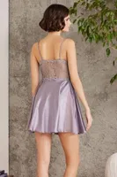 Saten Gecelik Sabahlık Pijama Takım Şort Takım 6'lı Gelin Çeyiz Seti Pierre Cardin 6005 Lila görsel 5