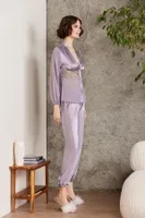 Saten Gecelik Sabahlık Pijama Takım Şort Takım 6'lı Gelin Çeyiz Seti Pierre Cardin 6005 Lila görsel 6