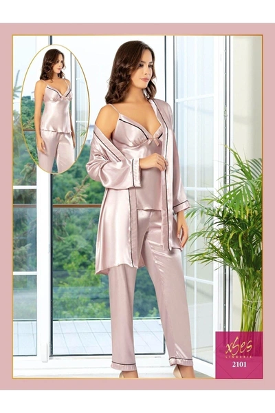 Saten İnce Askılı 3Lü Sabahlık Pijama Çeyiz Seti XSES 2101