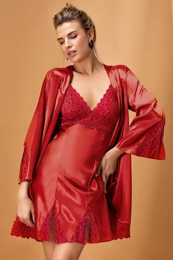 Nurteks Saten Kimono Takım Bordo Nurteks 5325