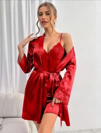 Real Passione Saten Kuşaklı Dantelli Kısa Kadın Gecelik Sabahlık Takım Real Passione 3037